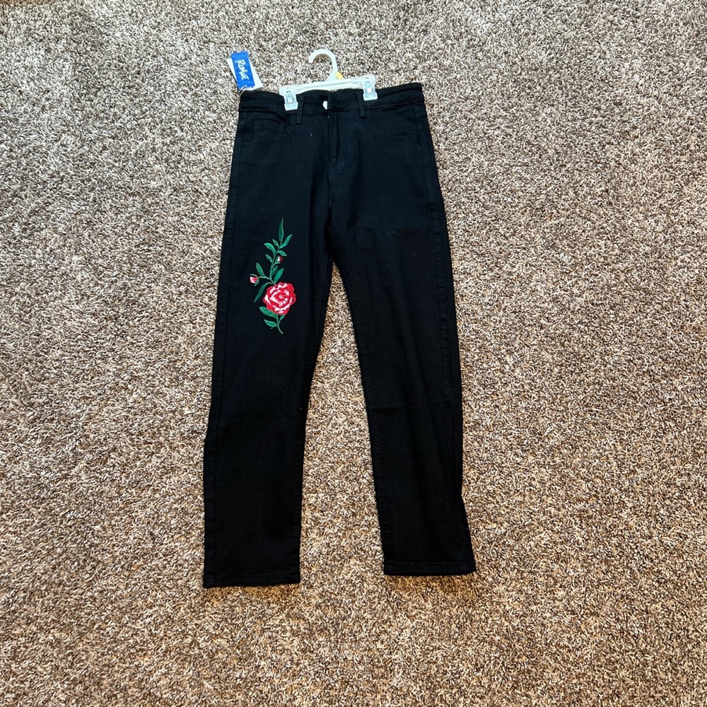Black Jeans With Red Rose Stitch